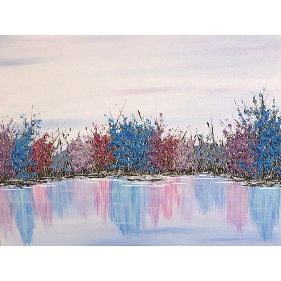 A Colorful Morning - 9 x 12 Acrylic Painting Lake and Trees Landscape Signed